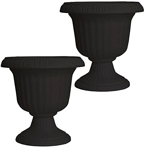 Southern Patio Large 14 Inch Outdoor Garden Lightweight Utopian Urn Planter with UV-Coated Finish for Entryways, Walkways, and More, Black (2 Pack)