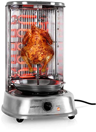 OneConcept Vertical Grill - Fat-Free Rotisserie, Kebab Machine, 1800W, 360° All-Round Grilling, Cool-Touch Handle, LED, Silver