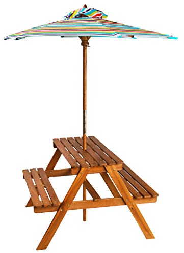 Susany Akazie Massivholz Kinder Picknicktisch mit Sonnenschirm Tisch Bänke Sitzgruppe Kindersitzgruppe Kindersitzgarnitur Kindermöbel Gartenmöbel 79x90x60 cm,Abnehmbarer Sonnenschirm enthalten