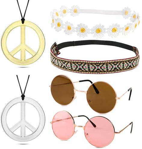 Hippie Kostüm Set 6 Stück Hippie Kostüm Accessoires Vintage inkl. 2 x Hippie Brillen, 2 x Peace Ketten, 1 x Gänseblümchen Haarband und 1 x Böhmen Stirnband für 60er 70er Jahre Outfit Damen und Herren
