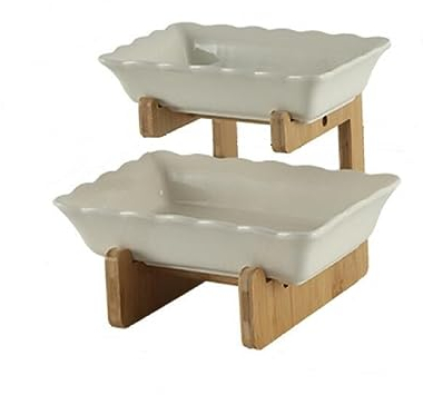 JUNYFFF Corbeille A Fruit 2 Etages en Céramique, Panier Fruit Domestique Stable Et Non Tremblante, Panier De Fruits Et Legumes avec Support en Bois Résistant pour La Décoration De Cuisine,Blanc