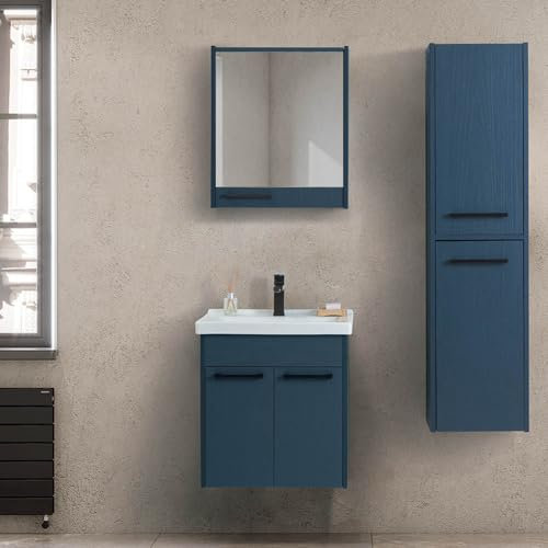 Inbagno Mobile bagno sospeso 55 cm blu effetto legno con 2 ante soft-close, lavabo e specchio contenitore 55x60 cm, SOFIA