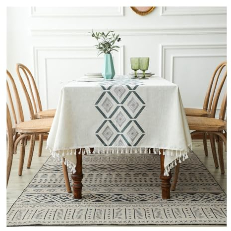 Gualiy Tischdecke Rechteckig, Tischtuch 140x220CM Polyester Abwaschbare Tischdecke Wohnzimmer Rhombus Muster mit Quasten Tischdecke für Wohnzimmertisch, Grün