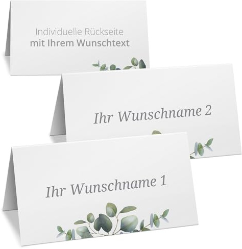 10 Tischkarten personalisiert mit verschiedenen Namen - Eukalyptus Design | Platzkarten Hochzeit Taufe Kommunion Konfirmation Jugendweihe Geburtstag - Rückseite Wunschtext - Namenskarten Set