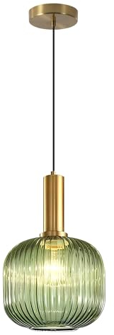 KCO Lighting Vintage grüne Glas-Pendelleuchte, Kücheninsel-Beleuchtung, Bauernhaus-Pendelleuchte aus geripptem Glas, große Kugel-Pendelleuchte, Messing-Gold, Einzel-Hängeleuchte (Grün)