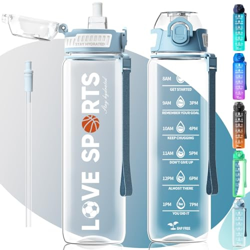 MYFOREST Botella de agua deportiva, marcador de tiempo para hidratación motivacional, a prueba de caídas, sin BPA, boca ancha para una fácil limpieza: frío/caliente/carbonatado/sidra (1 litro blanco