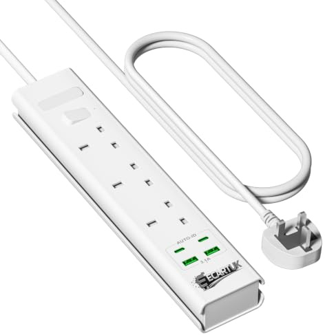 Extension Lead | Extension Lead with USB Slots | Surge Protected Extension Board with 3 AC Outlets and 4 USB ports (2 USB A - IQ 2.4A, 2 USB C - IQ 3.0A) Cable 3M Long