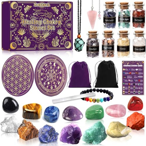 MWZEAUL Kit de Pierres Précieuses, 21 Pièces Gemmes et Cristaux de Guérison Naturelle, avec Fleur de Vie pour Recharger les Pierres, pour Méditation Yoga Sommeil Étude, Cadeau pour Halloween Noël