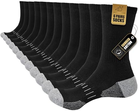 Stoeury Calzini Uomo 6 Paia, Calze in Cotone Senza Cuciture, Calzini Spugna Sportivi Traspiranti e Antivesciche, Ideali per Lavoro, Sport, Running, Trekking, Casual, Nero, 43-46