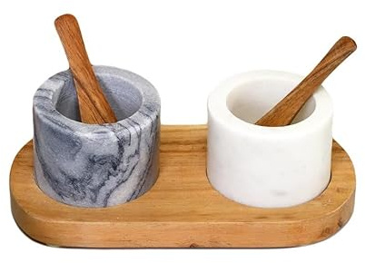 Marble Salt and Pepper Pots On Acacia Wood Tray Grey White Smooth Stone Serving
