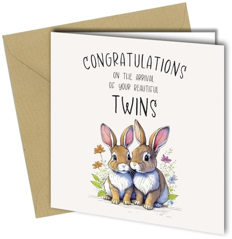 Oscar Finks Biglietto di auguri di congratulazioni per gemelli per nascite, interno bianco, design unico, riciclabile, con scritta in lingua inglese Congratulations on the Arrival of Your Beautiful