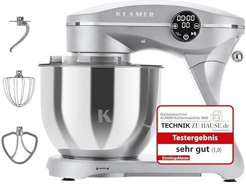KLAMER Küchenmaschine 1800W, Knetmaschine Brotteig mit Edelstahl-Rührschüssel 6 L, 10 Stufen mit Timer, Planetenrührwerk, Rührbesen, Knethaken, Schneebesen & Sichtdeckel (silber)