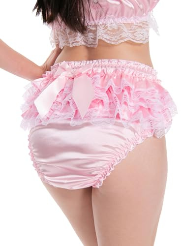 Satini Sissy Frilly Ruffled Lace Silky Satin Full Coverage Adult Diaper Cover Briefs Lingerie Underwear Panties (Baby Pink, L)