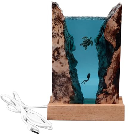 Gsycle Massivholz Harz Nachtlicht, Taucher Schildkröte Harz Lampe LED Ozean Lampe für Ozean-Liebhaber Ornament Desktop Kunst Dekoration mit USB-Kabel-Taste