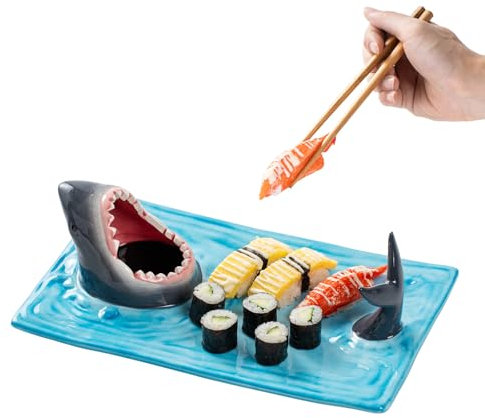 Surlama Shark Sushi Plate - Hand-Painted Ceramic, Lead-Free, Food-Safe, Microwave/Oven/Freezer/Dishwasher Safe