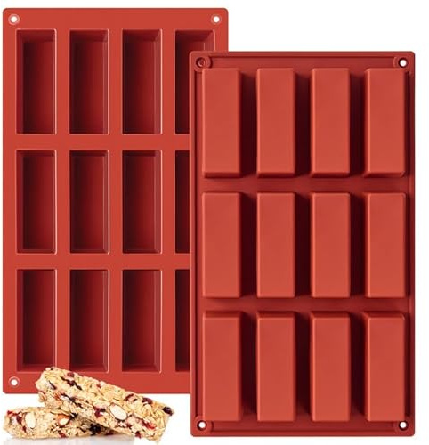 Paquete de 2 moldes de silicona para barra de granola, 12 cavidades rectangulares de proteínas, moldes de barra de silicona para hornear chocolate, caramelo, ganache, cereales, mantequilla energética,