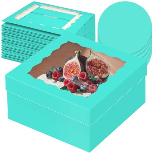 Gcardist Caja para tartas de 30,5 x 30,5 x 15,2 cm, 5 juegos de cartón para tartas azul menta con ventana y 5 juegos de tablas redondas para tartas de 30,5 cm, soporte para tartas de 30,5 cm (12 x 12