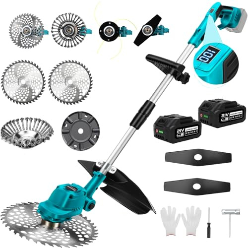 Batteridriven grästrimmer, gräsmattsskärare, röjsåg för Makita 18 V (Inkluderar inte batteri) med 4-i-1 metallblad, ogräsborste, tråd, justerbart huvud, gräsklippare teleskophandtag för gräsklippare