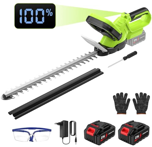 Taille Haie Batterie 21V, Taille-Haie Électrique sans Fil avec 2 Batteries 3.0Ah & Chargeur, Lame Double 55cm, Moteur Brushless 500W et Écran LCD, pour Entretien du Jardin, Arbustes et Buissons
