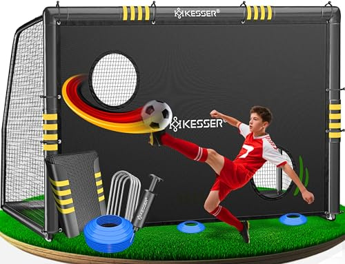 KESSER® But de football - But de football de qualité supérieure de 180 cm avec mur de but, filet d'entraînement de tir, filet résistant aux UV, cadre en acier avec rembourrage, crochet de terre, pompe
