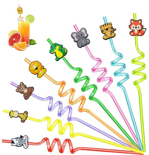 8 Pièce Pailles Enfants Reutilisables, Animaux Straws Spirale, Straws Enfant Colorées, Pailles en Animaux pour les Enfants, pour Jus, Lait, Décorations de Fête D'anniversaire pour Enfan-ts
