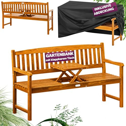 Casaria® Picknick-Gartenbank aus Holz mit Abdeckung, FSC®-zertifiziertes Eukalyptusholz, integrierter Klapptisch, für den Außenbereich, Garten, Terrasse, Balkon, Möbel, 3-Sitzer, Braun, 153 x57x90