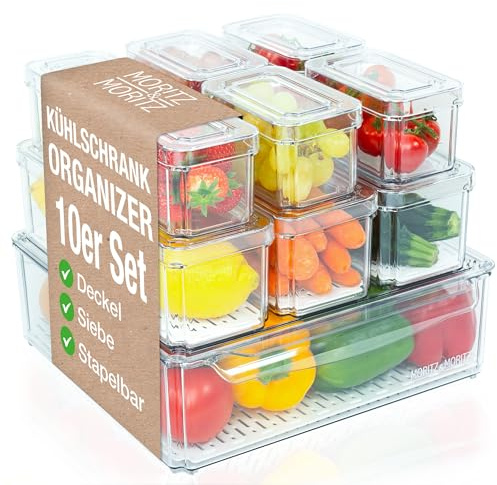 Moritz & Moritz Juego de 10 organizadores para frigorífico con tapa, apilables, transparentes, resistentes, para cocina, armario o cajón
