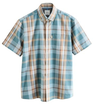 NEXT Homme Chemise Oxford boutonnée Repassage Facile Coupe Regular et à Manches Courtes Petrol Blue/Neutral Madras Check M