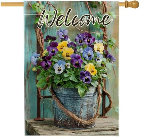 Drapeau de jardin de pensées colorées pour printemps et été, bannière de décoration florale violette et jaune pour décoration de pelouse extérieure, drapeau double face 71 x 101 cm