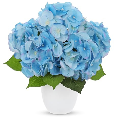 Arborus Flores artificiales de hortensias en maceta blanca de 33 cm, arreglo floral de seda realista con hojas verdes y adoquines, decoración de flores azules falsas para decoración del hogar, cocina