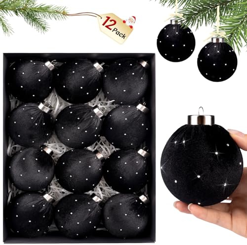 TonJin Weihnachtsbaumschmuck, Samtkugeln, 80 mm, bruchsicher, zum Aufhängen, beflockt, groß, leicht, Urlaub, Party, Heimdekoration, Schwarz, 12 Stück