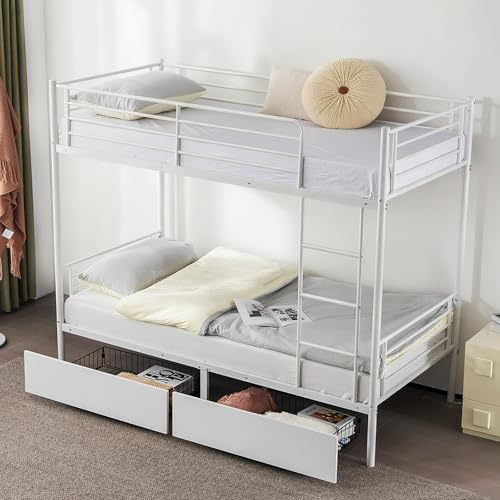 Karl home Heavy Duty Metal Bunk Bed Frame with 2 Large Drawers, White | Space Saving Double High Loft Beds, Includes Guardrails & Ladder, Adults Teen or Kids, Fit for 5-8 Mattress (Not Included)