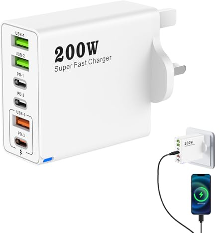 65w Multi-Port Fast Wall Charger UK Plug, 200W USB C Multi Charger Plug, 6-Port Fast Charging Plugs for MacBook, Steam Deck, iPhone 15/16/14 Pro, All Smartphone