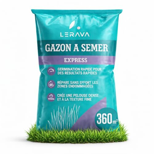 LERAVA® Gazon à Semer EXPRESS (360m²) | Graines de Gazon Regarnissage Rapide et Rustique | Semence Gazon Ray Grass Résistante | Pelouse Dense pour Jardin, Sport et Jeux