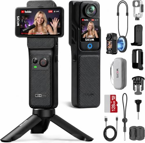 SJCAM C400 Vlogging Creators Combo, with 128GB Card, 4K Pocket Handheld Action Camera, 7H Power, 6-Axis Stabilisation, Waterproof, 2.29'' Touch Screen Travel Video Camera for Recording, Camcorder