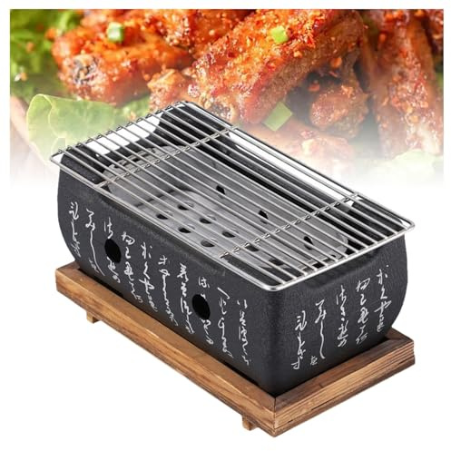 Barbecue japonais, gril de table au charbon de bois portable, gril Hibachi en aluminium avec base en bois for barbecue familial, camping, pique-nique