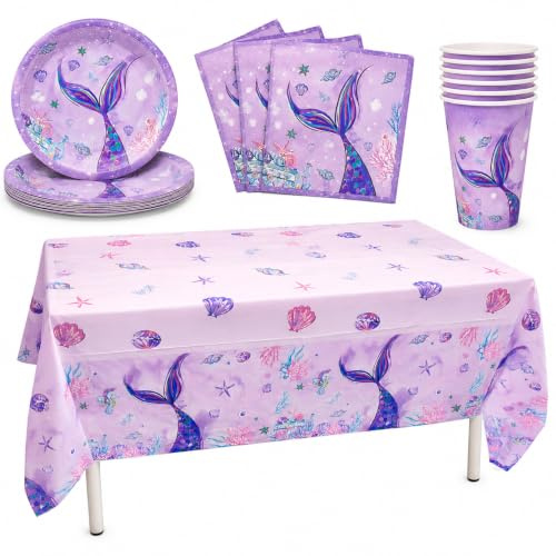 Mermaid Party Supplies Pack with Paper Plates, Cups, Napkins, Table Cloth for 8 Guests