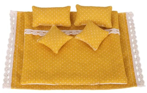 TTETTZ 6 Piezas Ropa de Cama para Casa de Muñecas Conjunto Miniatura Sábanas Edredón Almohadas Toque Realista Adecuado para Juego Escenografía Decoración, Amarillo
