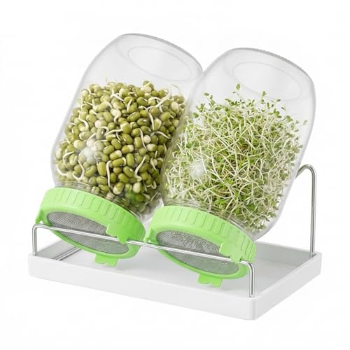 Veebmys 1000 ml Set 2 Barattoli Germogliatori, Kit Germinazione Semi in Vetro con Coperchi a Rete Traspirante, Supporto e Spazzola, per Coltivazione Indoor di Germogli Broccoli e Erba Medica (Verde)
