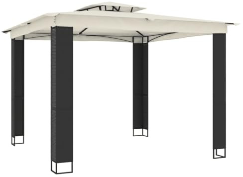 Owoxanthellate Cenador con doble techo crema, 2,94 x 2,94 m, marco de acero y ratán, diseño moderno, resistente, para jardín, terraza, barbacoa, balcón y salón al aire libre