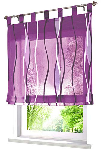 1 Stück Raffrollo mit farbigen Wellen Muster Design Raffgardine Voile Vorhang (BxH 100x140cm, Violett)