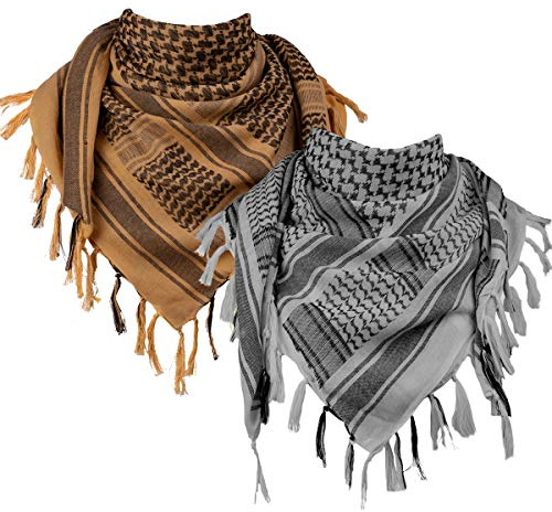 FREE SOLDIER 100% Baumwolle Shemagh Military Tactical Keffiyeh Desert Kopf Halstuch 110 x 110 cm Arab Wrap mit Quaste für Herren & Damen(Grau & Braun Set)