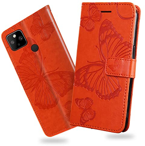 DENDICO Hülle für Google Pixel 5 XL/Pixel 4A 5G, PU Leder Magnetverschluss Flip Handyhülle Schutzhülle mit Standfunktion und Kartenfach für Google Pixel 5 XL/Pixel 4A 5G, Orange