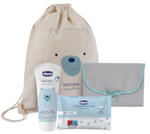 CHICCO NATURAL SENSATION - WICKEL-GESCHENKSET ENTHÄLT 1 100% BAUMWOLLTASCHE, 1 WICKELMATTE, 1 WICKELCREME 4IN1 100 ML, 1 REINIGUNGSTÜCHER 16 STK.