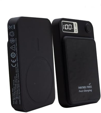 Panther Force 10,000 mAh Magnetic Wireless Power Bank 22.5W with 2 Ports: Compatible with Samsung Galaxy Sseries, Galaxy Foldable, Smartwatches, Wireless Earbuds and iPhones 12/13/14/15