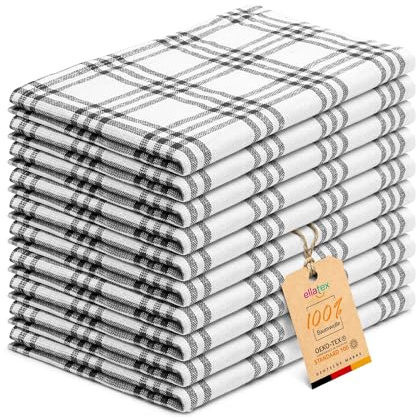 EllaTex Geschirrtücher 10er Set 50x70 cm Geschirrhandtücher – 100% Baumwolle, extra saugstark & strapazierfähig, Küchentücher mit Aufhängeschlaufe, pflegeleicht, Farbe: Schwarz