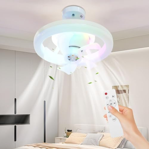 Demiawaking 220V 48W Ventilator LED Deckenleuchte mit Ventilator, Universal E27 LED Deckenventilator mit Lampe mit Fernbedienung 360° drehbar 3 Geschwindigkeiten Dimmbar (Blau, Rot, Grün Licht)