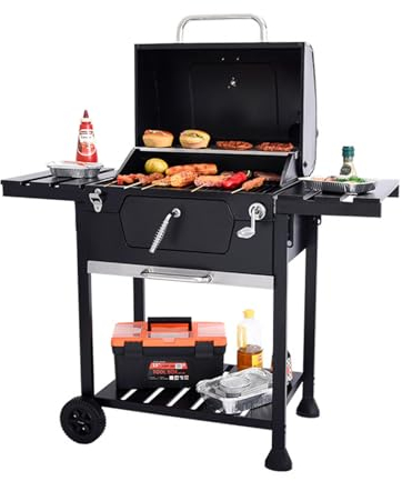 Outdoor-Grill, Großer Holzkohle-Grillwagen, Hinterhof-Garten-Räuchergrill mit Ständer, Beistelltisch auf Rädern, Integriertes Thermometer