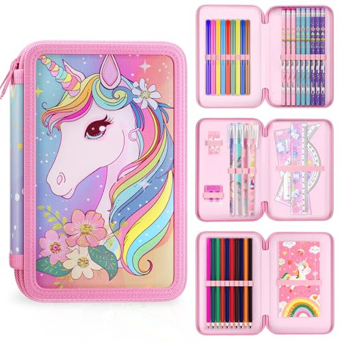 Mowtential 39 Teilen Federmäppchen Einheorne Set,2025 Neu Federmäppchen 3 fächer,Einschulung Geschenk,Doppelter Reißverschluss Schulbedarf(Federmäppchen Mädchen Wasserrosa)