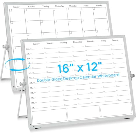ONAVIA Desktop Whiteboard with Stand, 16×12 Double-Sided Magnetic Dry Erase Calendar, Weekly Monthly Schedule with Time Slots, Portable for Home, Office, Planning, Memo, to Do List